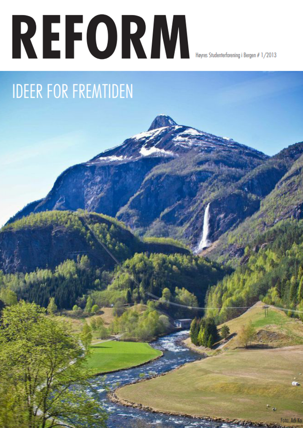 Forsiden av Reform, sommerutgaven 2013, med temaet «Ideer for fremtiden». Bildet viser et norsk fjellandskap med en foss, grønne daler, skog og en elv som slynger seg gjennom landskapet. Forsiden lenker til magasinet.