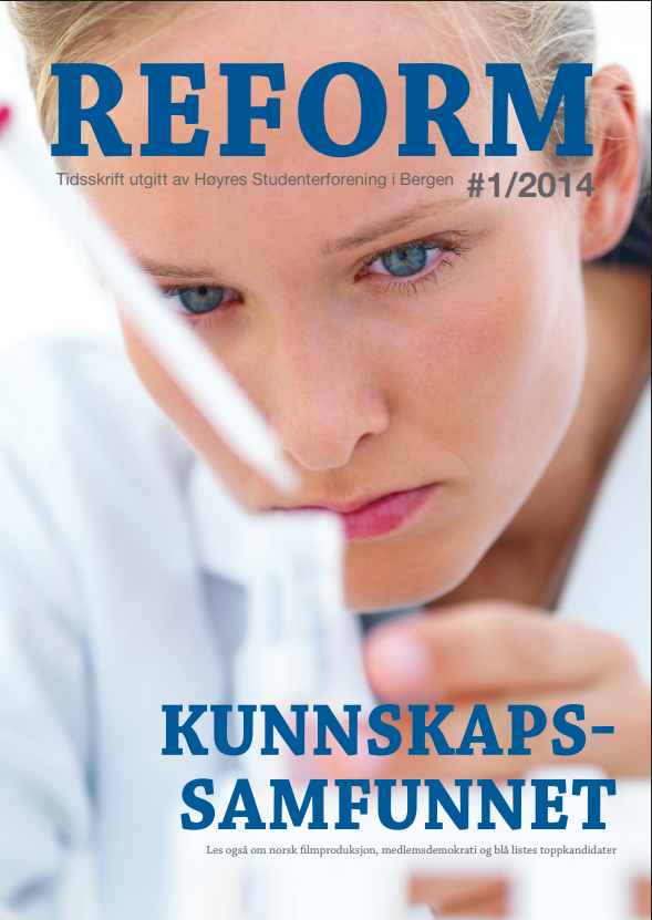 Forsiden av Reform, sommerutgaven 2014, med tittelen «Kunnskapssamfunnet». Bildet viser et nærbilde av en konsentrert ung kvinne i et lyst miljø. Forsiden lenker til magasinet.