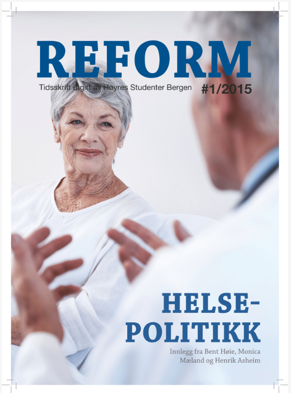 Forsiden av Reform, sommerutgaven 2015, med temaet «Helsepolitikk». Bildet viser en eldre kvinne i samtale med en lege i hvit frakk. Forsiden lenker til magasinet.