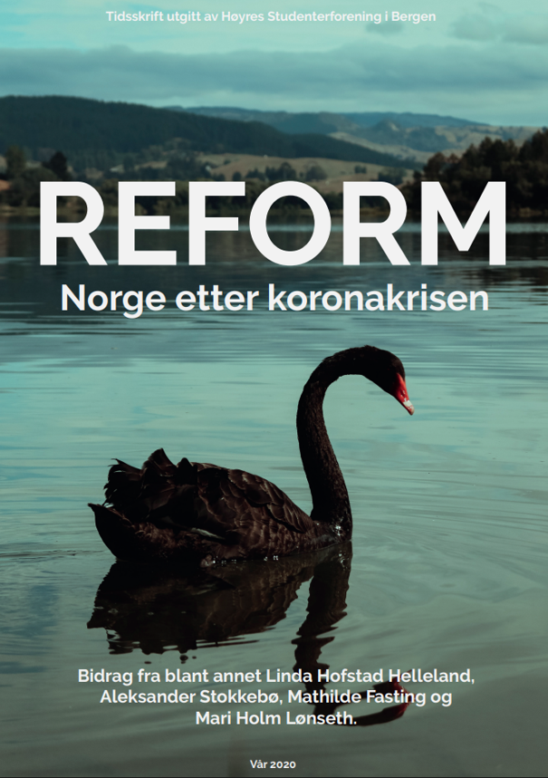 Forsiden av Reform, sommerutgaven 2020, med tittelen «Norge etter koronakrisen». Bildet viser en svart svane som svømmer på vannet, med fjell og skog i bakgrunnen. Forsiden lenker til magasinet.