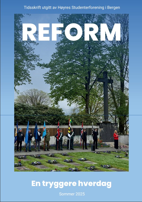 Forsiden av Reform, sommerutgaven 2025, med tittelen «En tryggere hverdag». Bildet viser en gruppe mennesker med norske flagg i en park med grønne trær. Forsiden lenker til magasinet.