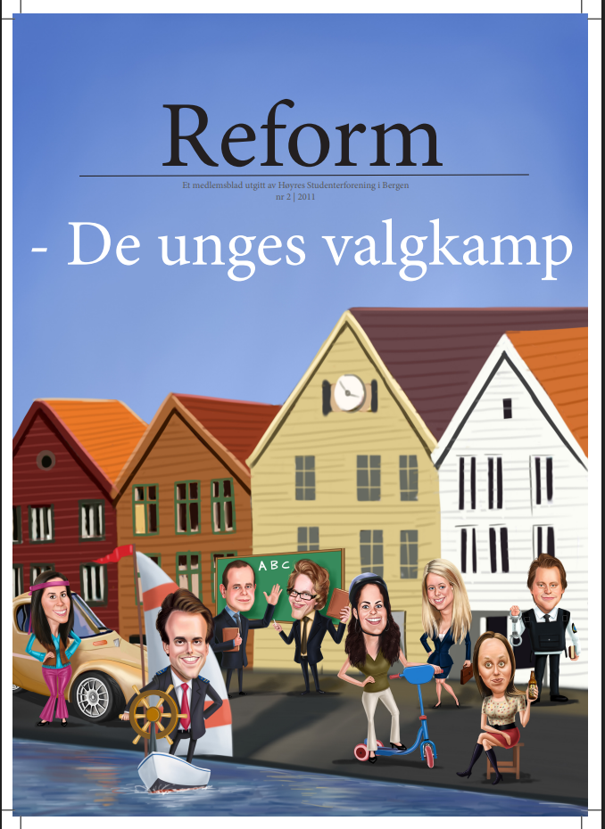 Forsiden av Reform, vinterutgaven 2011, med tittelen «De unges valgkamp». Bildet viser en illustrasjon av unge mennesker foran fargerike trehus på Bryggen i Bergen. Forsiden lenker til magasinet.
