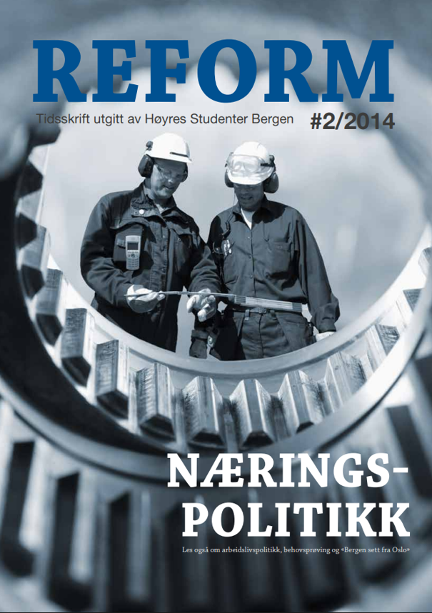 Forsiden av Reform, vinterutgaven 2014, med tittelen «Næringspolitikk». Bildet viser to industriarbeidere med hjelmer og arbeidsklær, fotografert gjennom en stor metallkonstruksjon. Forsiden lenker til magasinet.