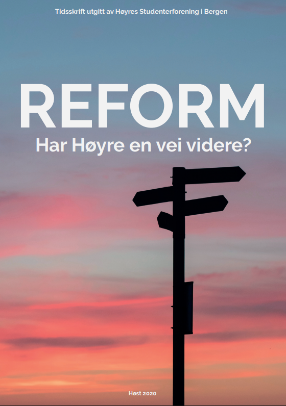 Forsiden av Reform, vinterutgaven 2020, med tittelen «Har Høyre en vei videre?». Bildet viser en svart veiviser med flere retningspiler mot en himmel i rosa og oransje solnedgangsfarger. Forsiden lenker til magasinet.