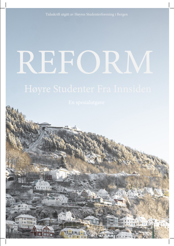 Forsiden av Reform, vinterutgaven 2021, med tittelen «Høyre Studenter Fra Innsiden». Bildet viser Bergen med snødekte fjellsider og bebyggelse langs vannet. Forsiden lenker til magasinet.